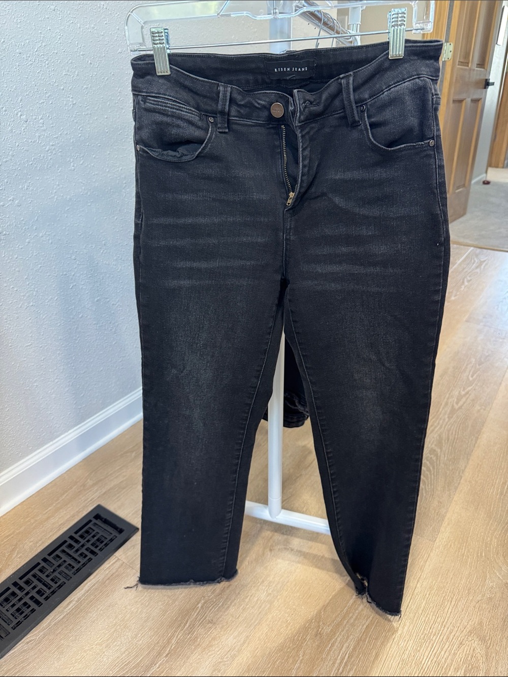 Risen Raw Hem straight leg jean cropped. color: Black Size: 29